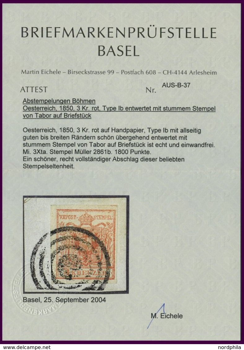 ÖSTERREICH 3X BrfStk, 1850, 3 Kr. Karmin, Handpapier, Type Ib, Mit Stummem Stempel Von TABOR (Müller 2861b), Kabinettbri - Usados