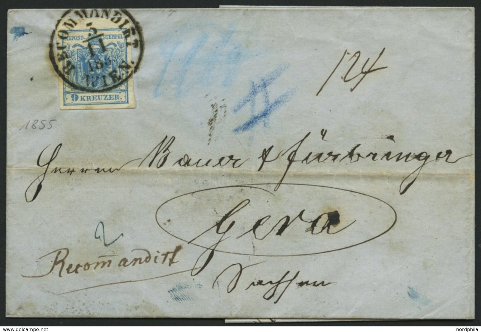 ÖSTERREICH 5Y BRIEF, 1855, 9 Kr. Blau, Maschinenpapier, Type IIIb, K1 RECOMMANDIRT WIEN, Rückseitig Defekte 6 Kr., Prach - Used Stamps