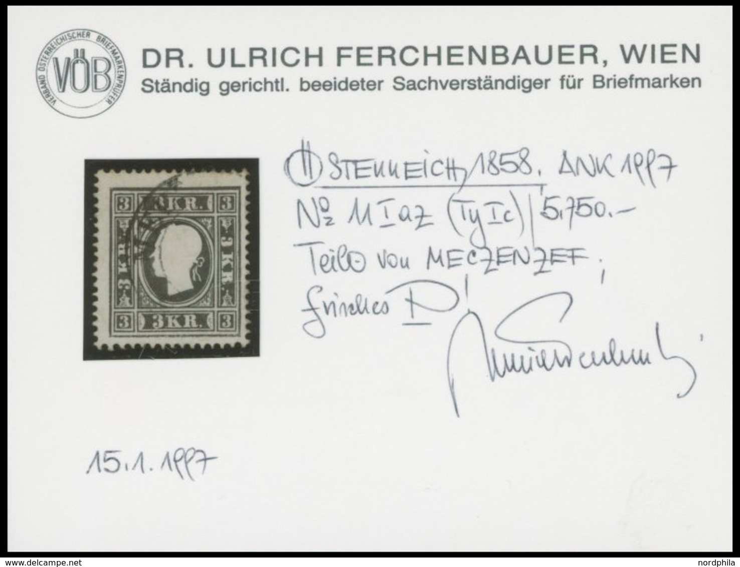 ÖSTERREICH BIS 1867 11Ic O, 1858, 3 Kr. Schwarz, Type Ic, Stempel MECZENZEF, Pracht, Fotobefund Dr. Ferchenbauer, Mi. 40 - Used Stamps