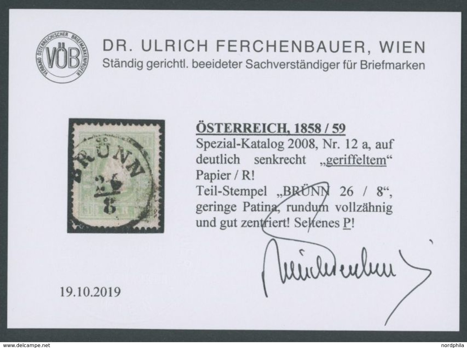 ÖSTERREICH BIS 1867 12a O, 1859, 3 Kr. Grün Auf Senkrecht Geriffeltem Papier!, K1 BRÜNN, Fotobefund Dr. Ferchenbauer - Usados