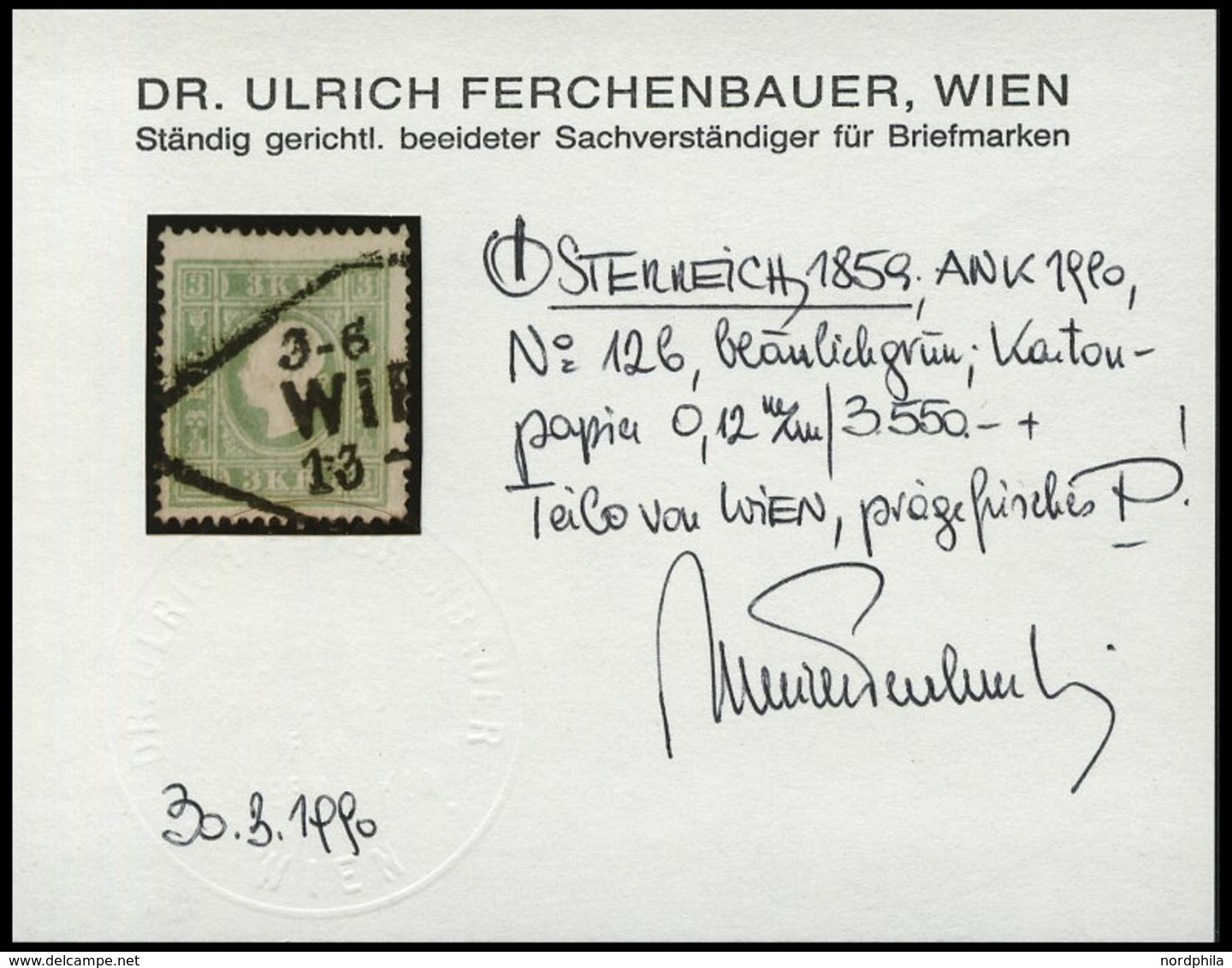 ÖSTERREICH 12b O, 1859, 3 Kr. Bläulichgrün, Stempel WIEN, Pracht, Fotobefund Dr. Ferchenbauer, Mi. 220.- - Usados