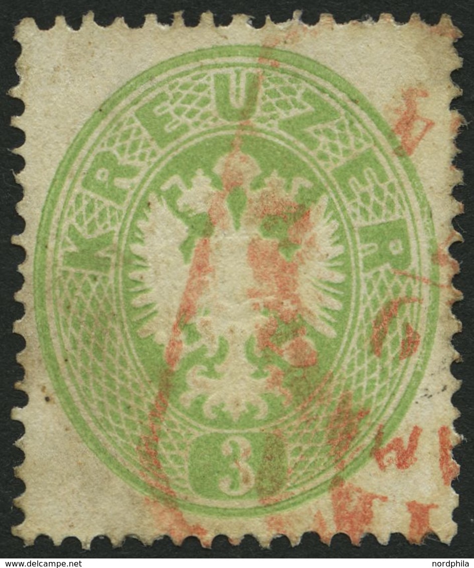 ÖSTERREICH 25 O, 1863, 3 Kr. Grün, Roter Stempel, üblich Gezähnt Pracht - Usados