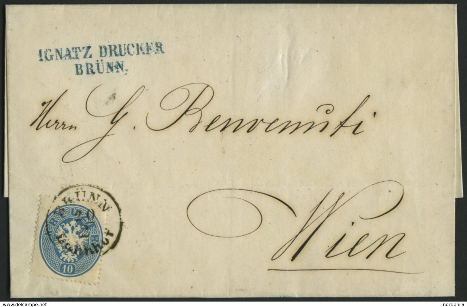 ÖSTERREICH 27 BRIEF, 1864, 10 Kr. Blau Auf Brief Mit K1 BRÜNN BAHNHOF Nach Wien, Pracht - Used Stamps