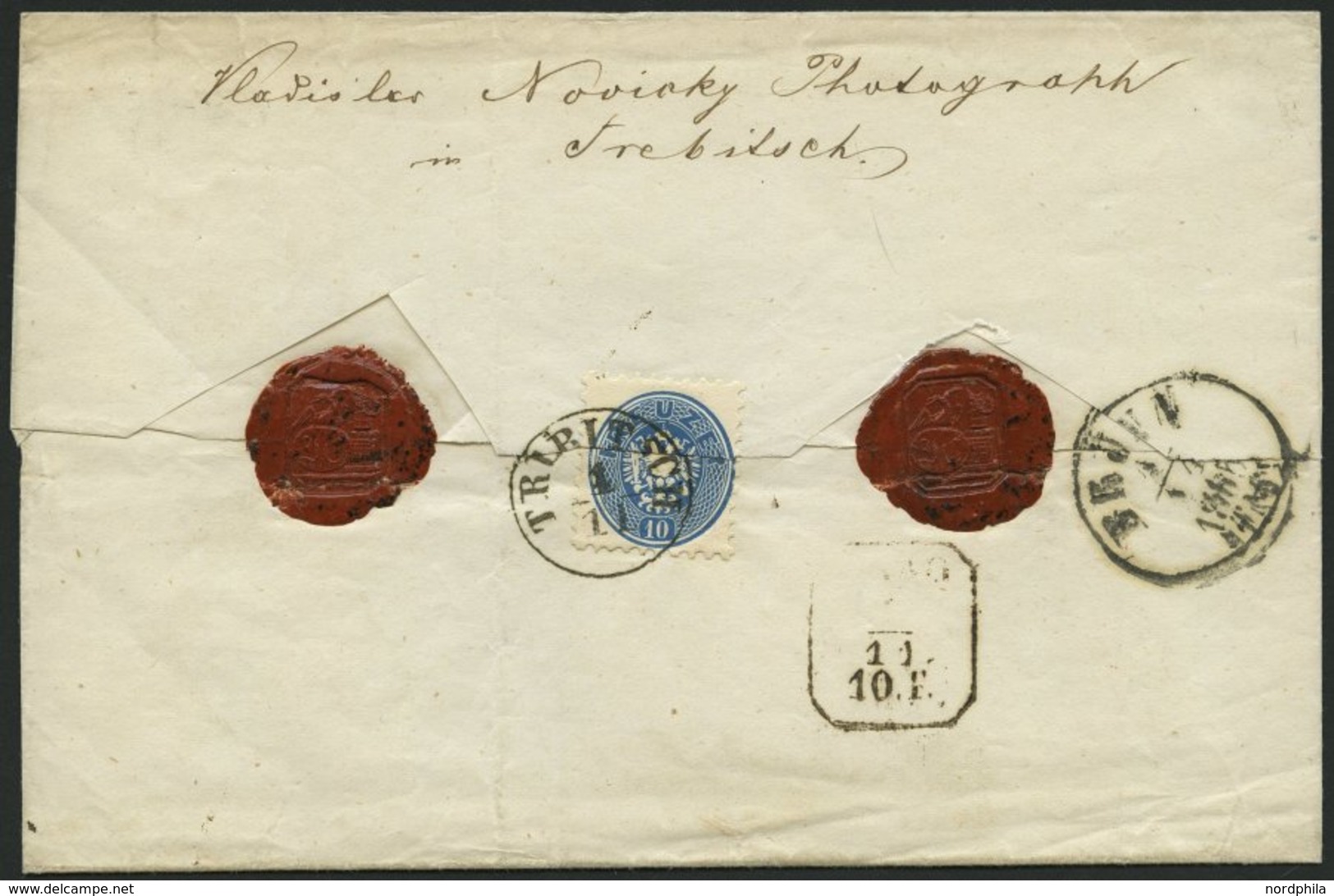 ÖSTERREICH 33 BRIEF, 1863, 10 Kr. Blau Und Rückseitiges Reco-Porto 10 Kr. Blau (defekt) Auf Brief Von TREBITSCH Nach Pra - Usados