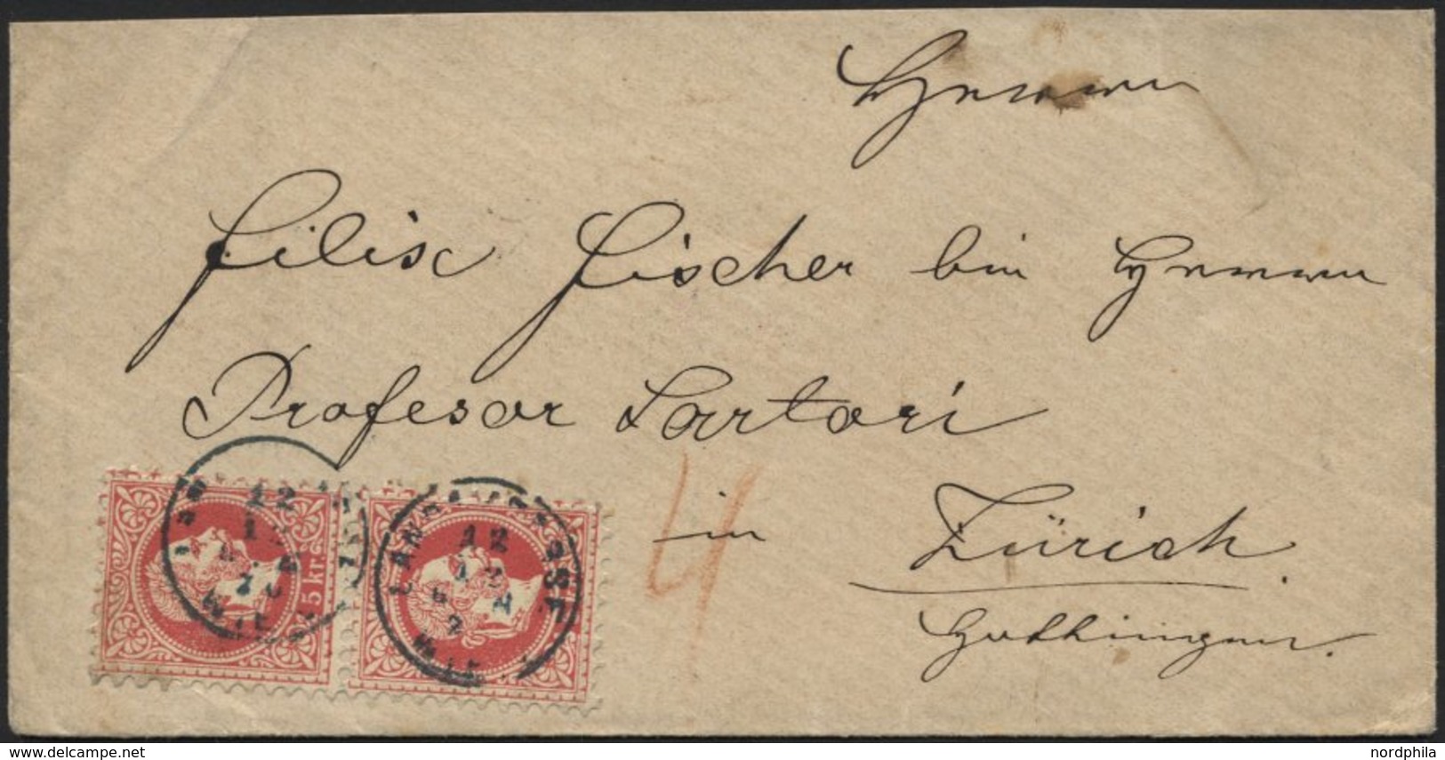 ÖSTERREICH 37I Paar BRIEF, 1870, 5 Kr. Karmin, Grober Druck, Im Senkrechten Paar Auf Brief Von Wien Nach Zürich, Pracht - Gebraucht