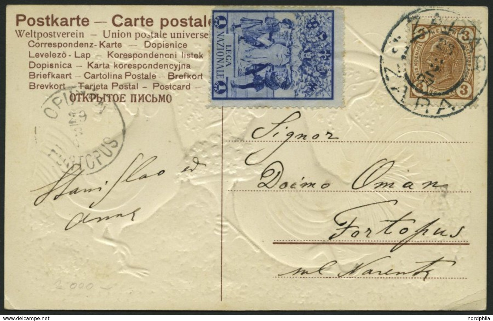 ÖSTERREICH 121 BRIEF, 1907, 3 H Auf Prägedruckkarte Mit 1 Cent Vignette Lega Nazionale, Von Zara Nach Fortopus, Pracht - Used Stamps