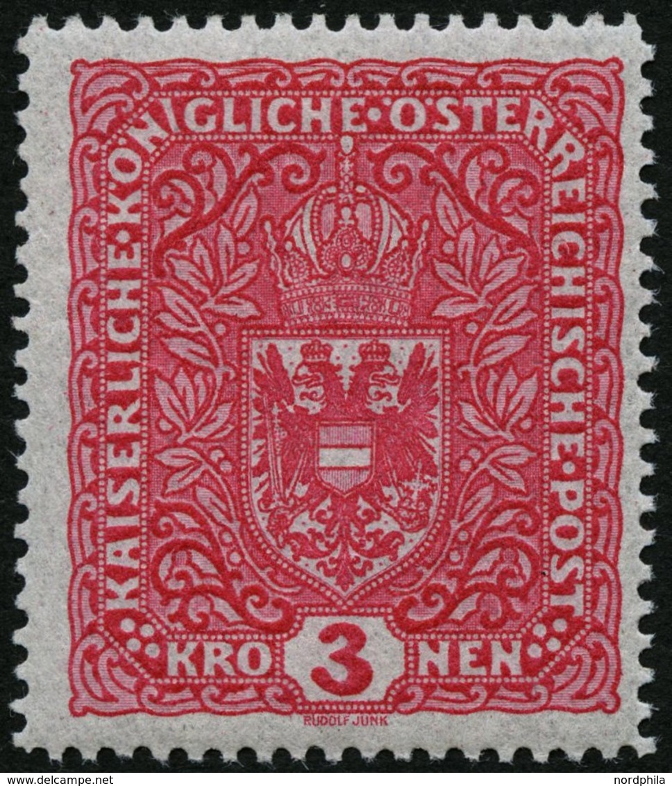ÖSTERREICH 205I *, 1917, 3 Kr. Dunkellilarot, Type I, Falzrest, Pracht, Mi. 60.- - Gebraucht
