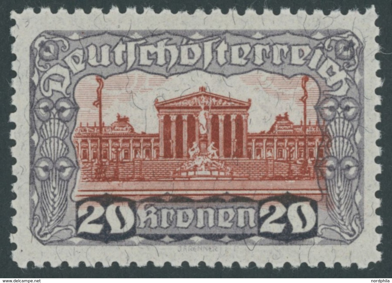 ÖSTERREICH 1918-1938 291B *, 1920, 20 Kr. Dunkelviolettgrau/dunkelbräunlichrot, Gezähnt L 111/2, Falzrest, Pracht, Mi. 1 - Other & Unclassified