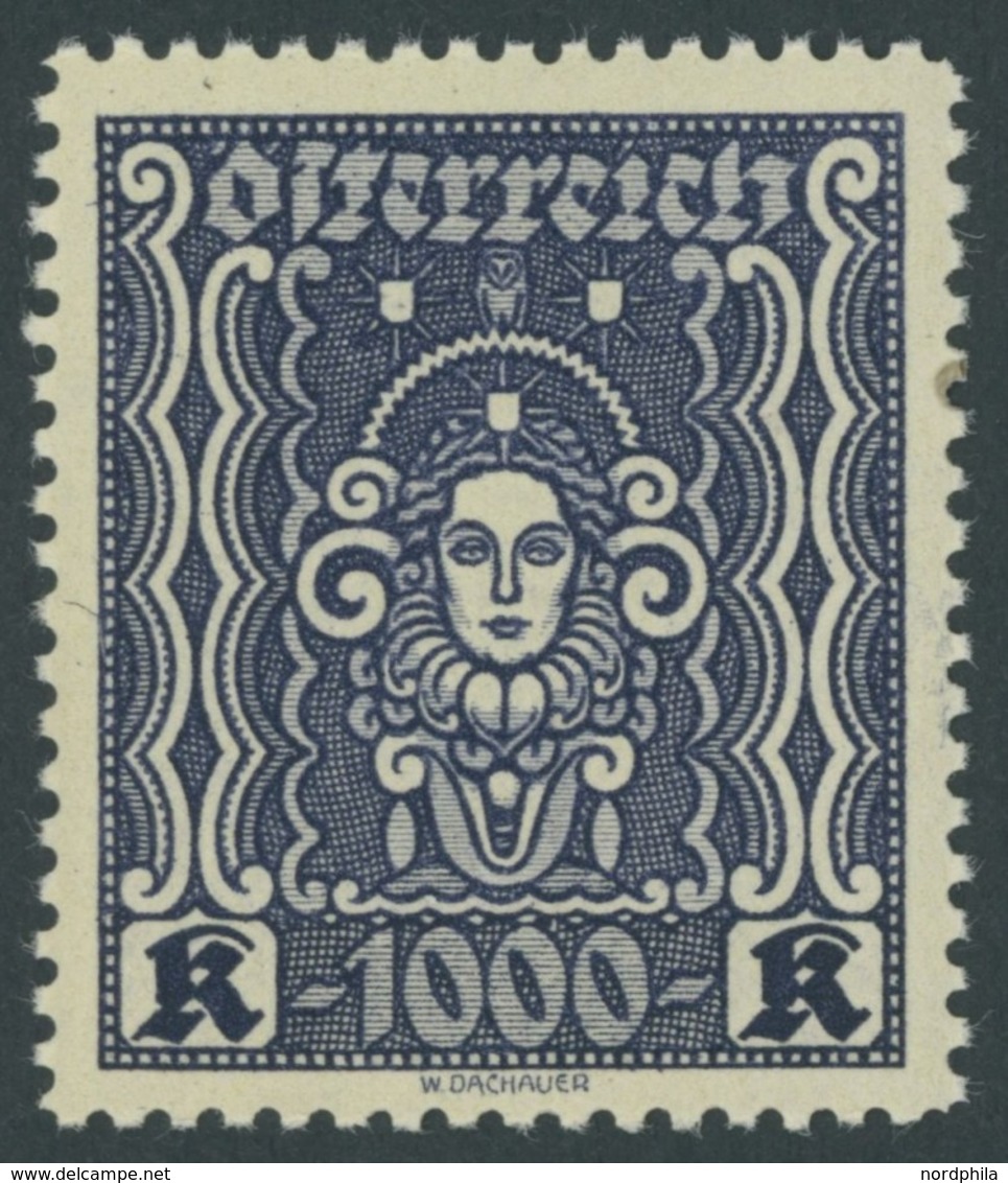 ÖSTERREICH 1918-1938 404B **, 1922, 1000 Kr. Schwarzblau, Gezähnt L 111/2, Herstellungsbedingter Papierpunkt, Postfrisch - Other & Unclassified