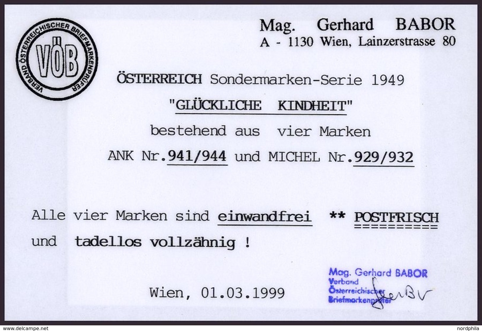 ÖSTERREICH 929-32 **, 1949, Glückliche Kindheit, Prachtsatz, Fotobefund Babor, Mi. 80.- - Other & Unclassified