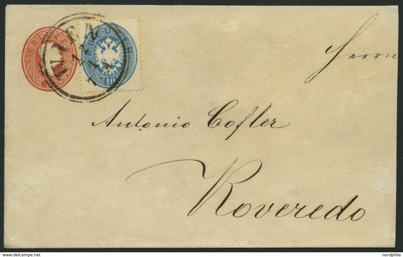GANZSACHEN U 2A,27 BRIEF, 1861, 5 Kr. Rot, Format A, Umschlag Mit Zusatz-Mischfrankatur 10 Kr. Hellblau Von WIEN (K2) Na - Sonstige & Ohne Zuordnung