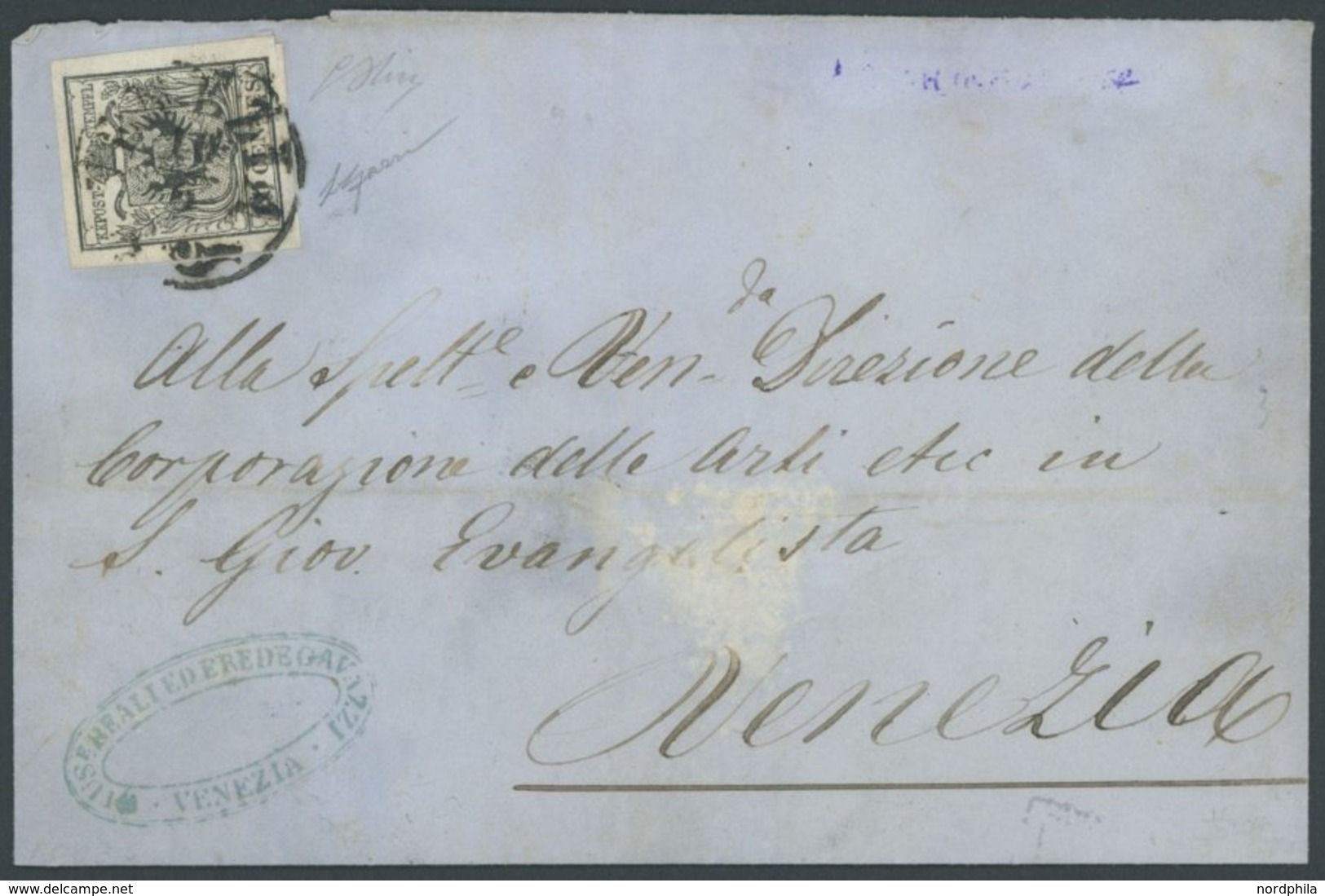 LOMBARDEI UND VENETIEN 2Y BRIEF, 1858, 10 C. Schwarz, Maschinenpapier, Allseits Riesenrandiges Kabinettstück Auf Nicht G - Lombardy-Venetia