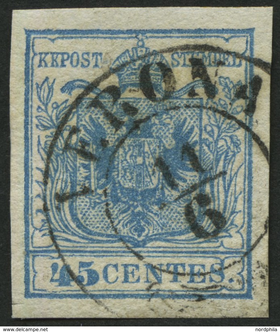LOMBARDEI UND VENETIEN 5Xa O, 1850, 45 C. Blau, Handpapier, Type I, K2 VERONA, Kabinett - Lombardije-Venetië