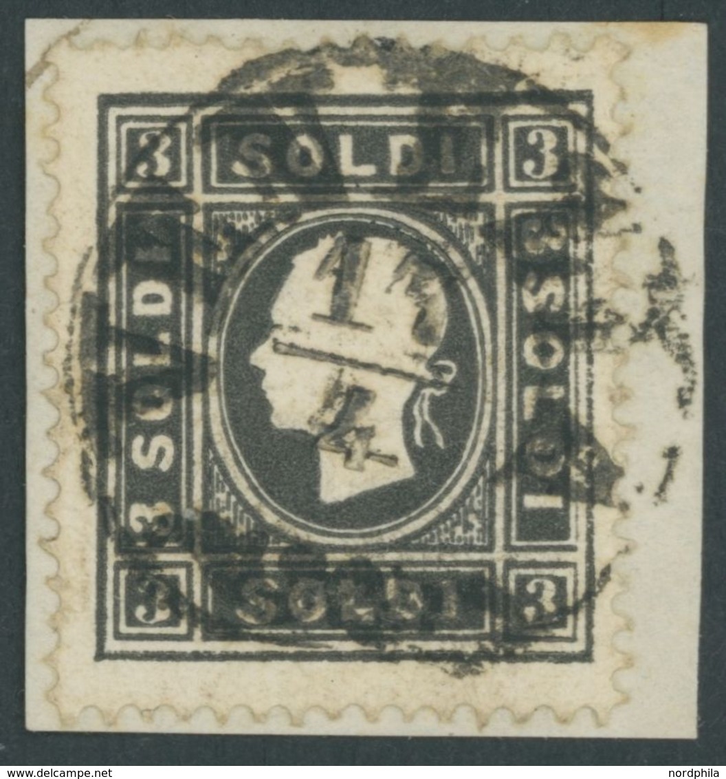 LOMBARDEI UND VENETIEN 7Ia BrfStk, 1858, 3 So. Schwarz, Type I, Zentrischer Stempel VENEZIA, Kabinettbriefstück, Gepr. Z - Lombardije-Venetië