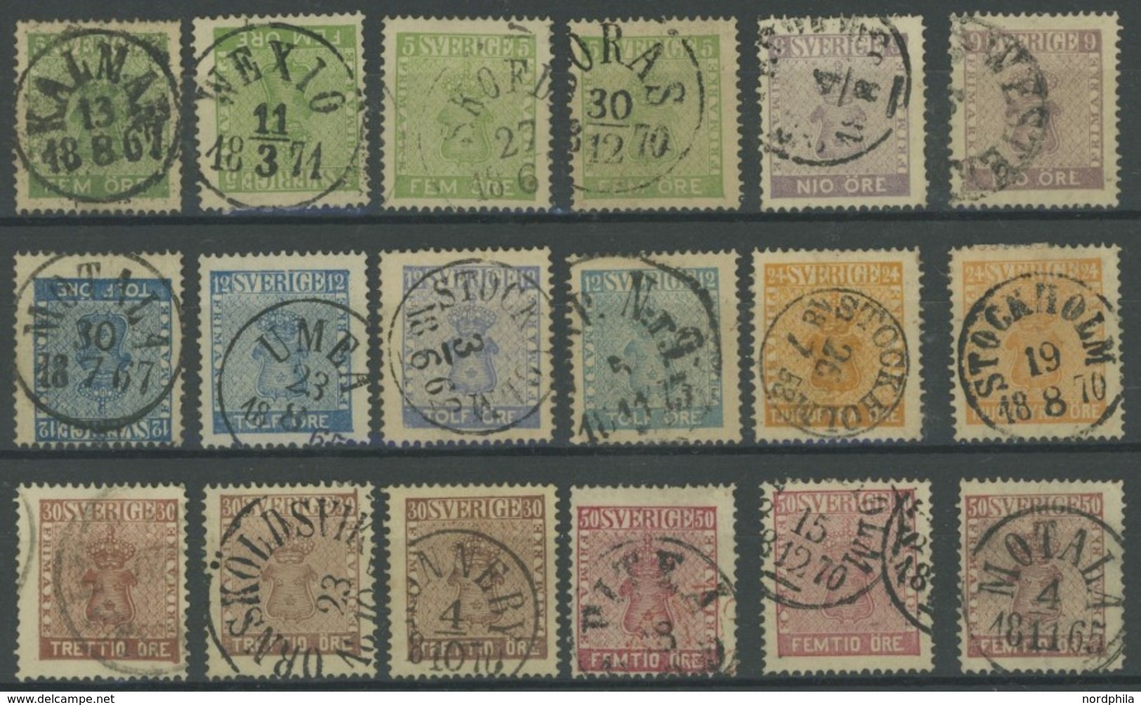 SCHWEDEN 7-12 O, 1858, Reichswappen, 18 Werte In Farbnuancen, Fast Nur Prachterhaltung - Used Stamps