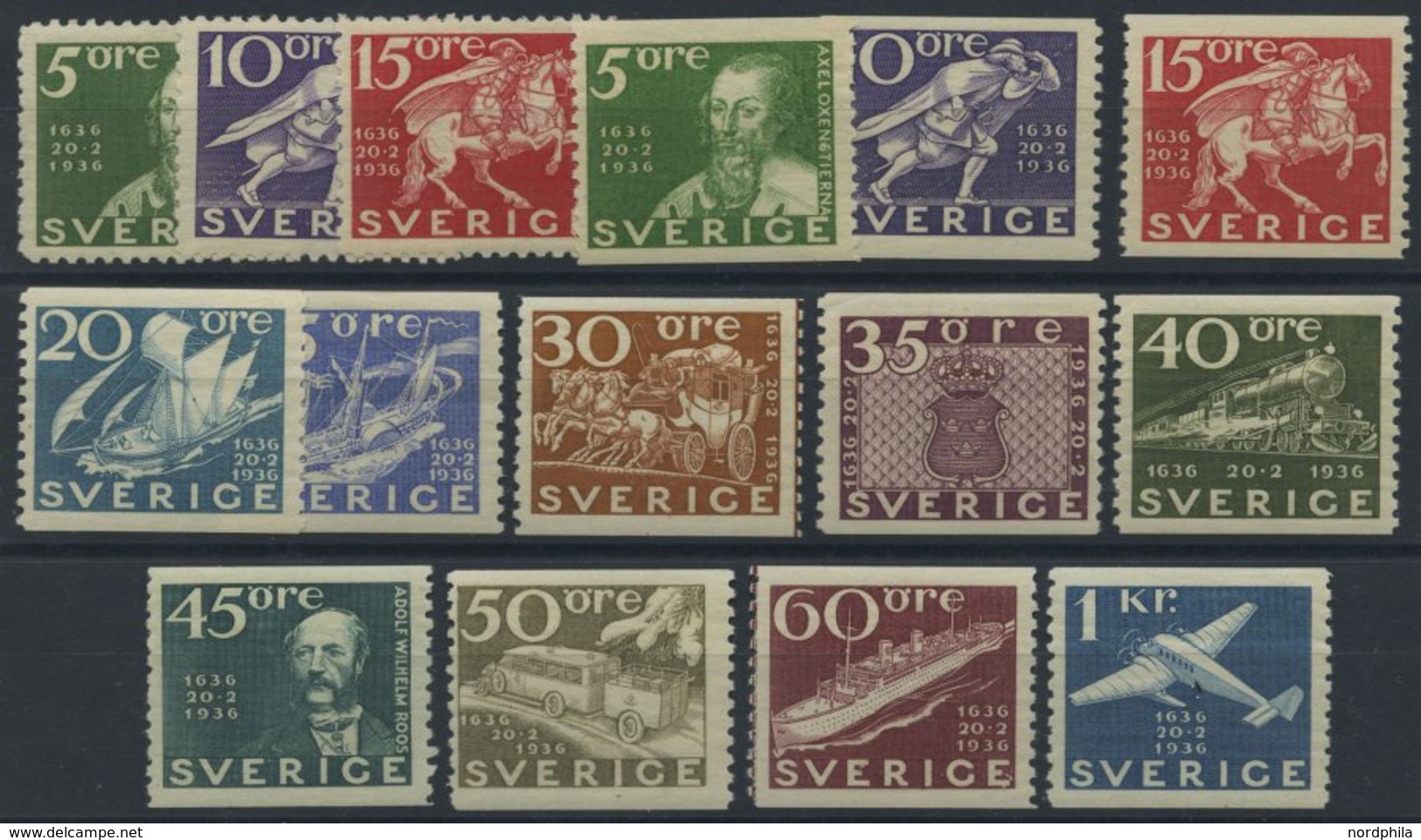 SCHWEDEN 227-38A/B **, 1936, 300 Jahre Post, Prachtsatz (15 Werte), Mi. 360.- - Used Stamps