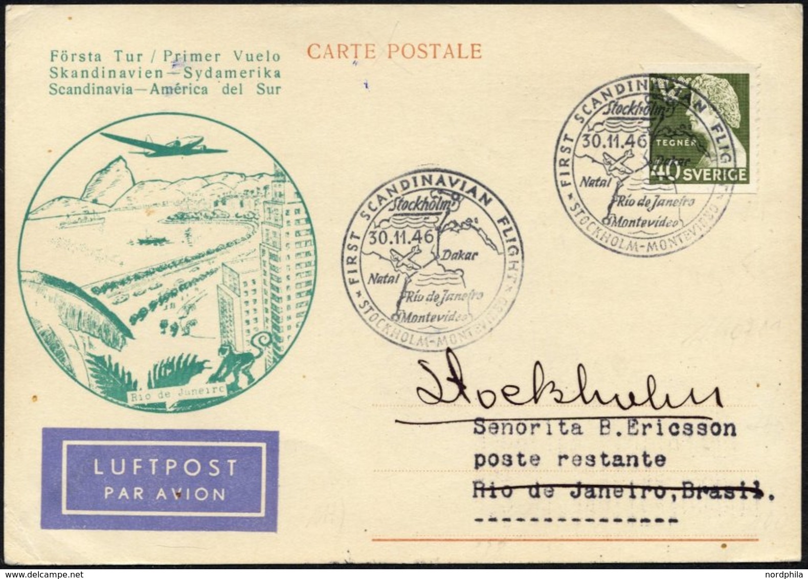 SCHWEDEN 324 BRIEF, 30.11.-3.12.46, SAS Erstflug SKANDINAVIEN-SÜDAMERIKA, Prachtkarte, Müller 238 - Used Stamps