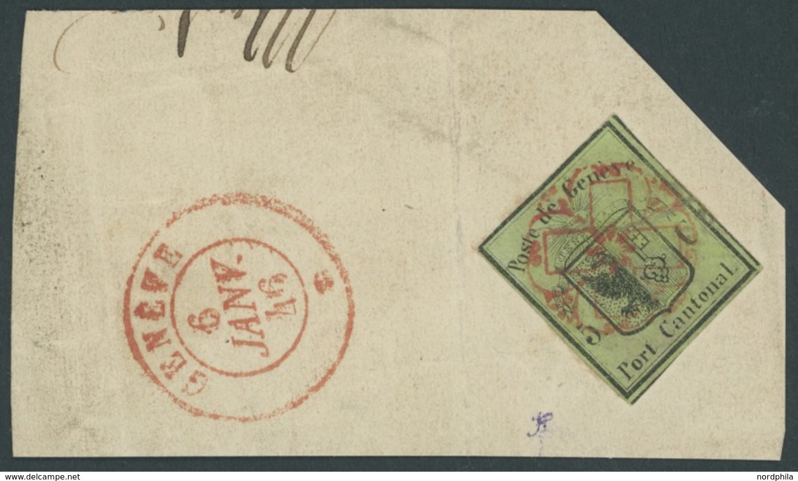 GENF 3 BrfStk, 1845, 5 C. Schwarz Auf Lebhaftgelboliv Kleiner Adler Mit Roter Rosette Auf Großem Briefstück, Dreiseitig  - 1843-1852 Federal & Cantonal Stamps