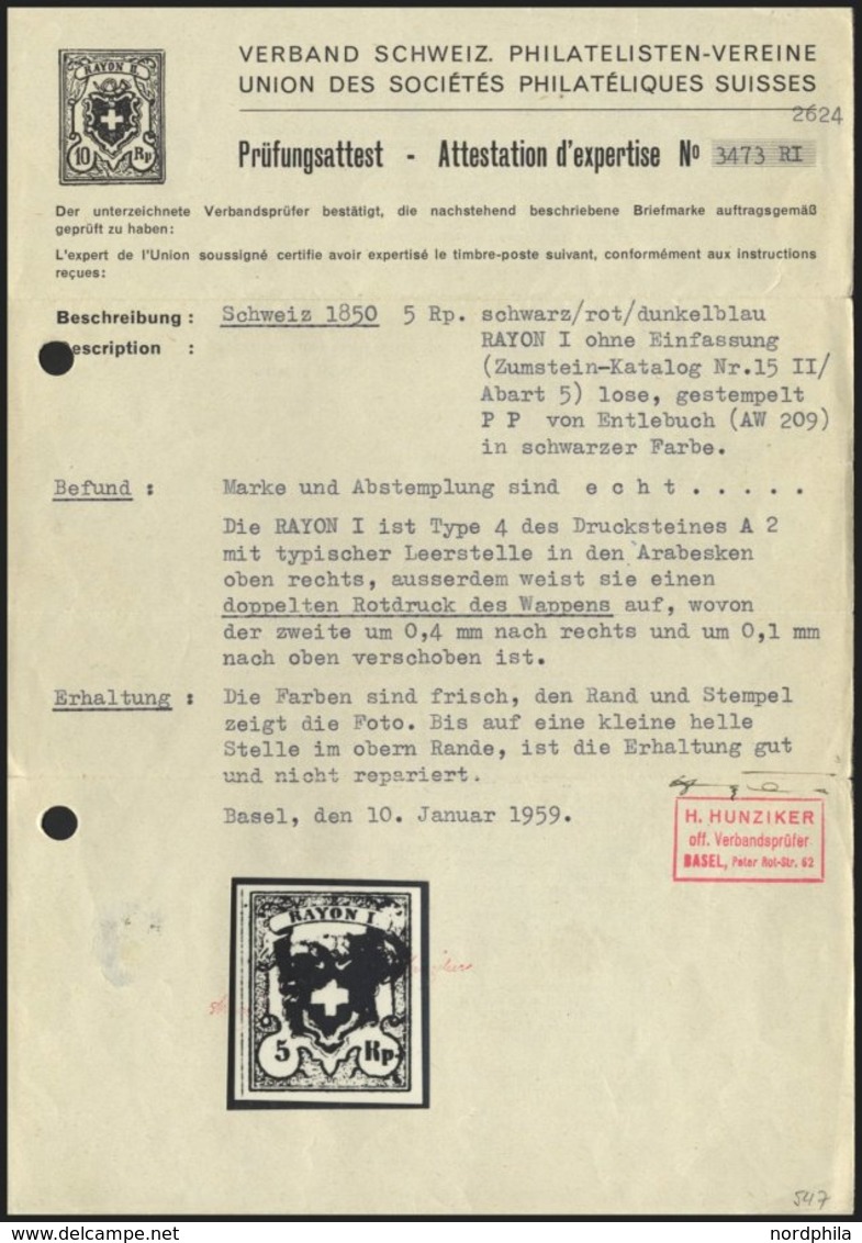 SCHWEIZ BUNDESPOST 7IIDDII O, 1850, 5 Rp. Schwarz/zinnoberrot Auf Blau, Ohne Kreuzeinfassung, Doppelter Rotdruck Des Wap - Sonstige & Ohne Zuordnung