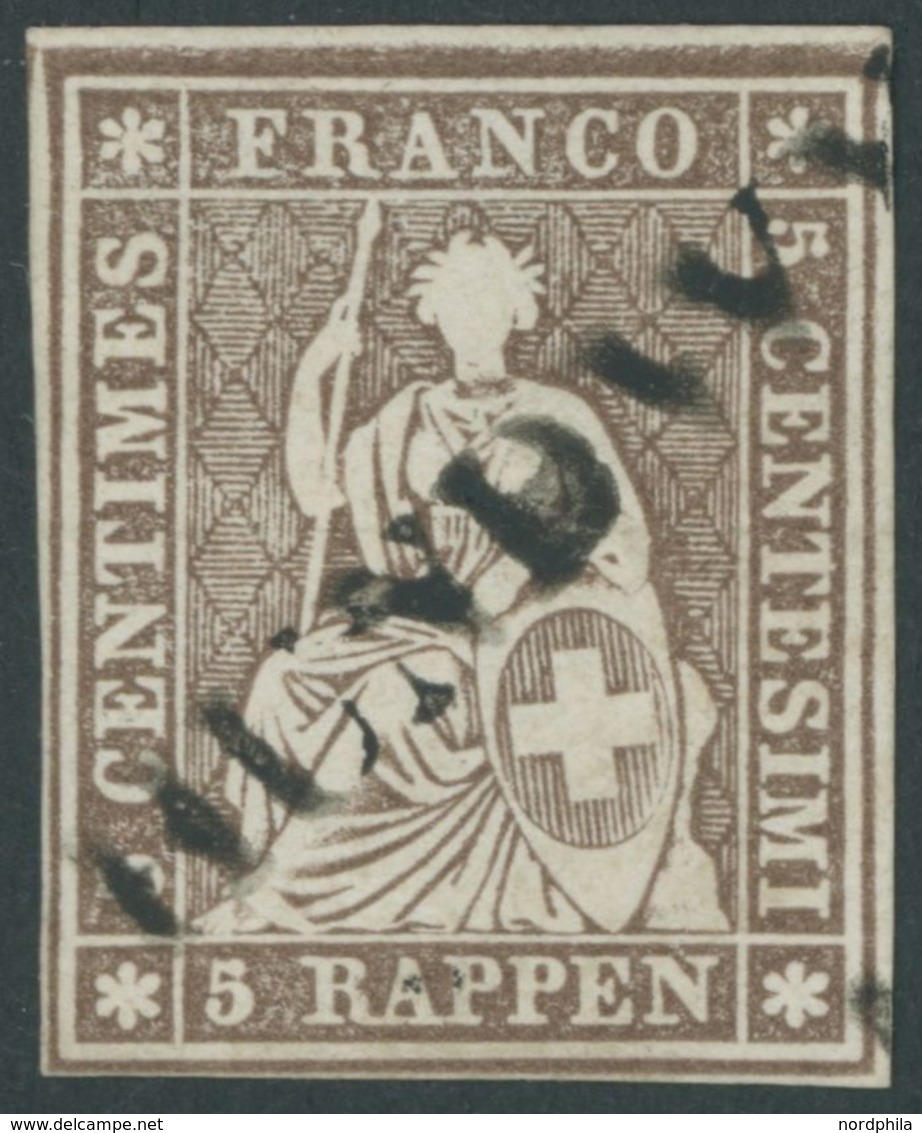 SCHWEIZ BUNDESPOST 13IIBym O, 1858, 5 Rp. Graubraun, Berner Druck III, (Zst. 22G), Diagonaler L1, Allseits Voll-breitran - Sonstige & Ohne Zuordnung