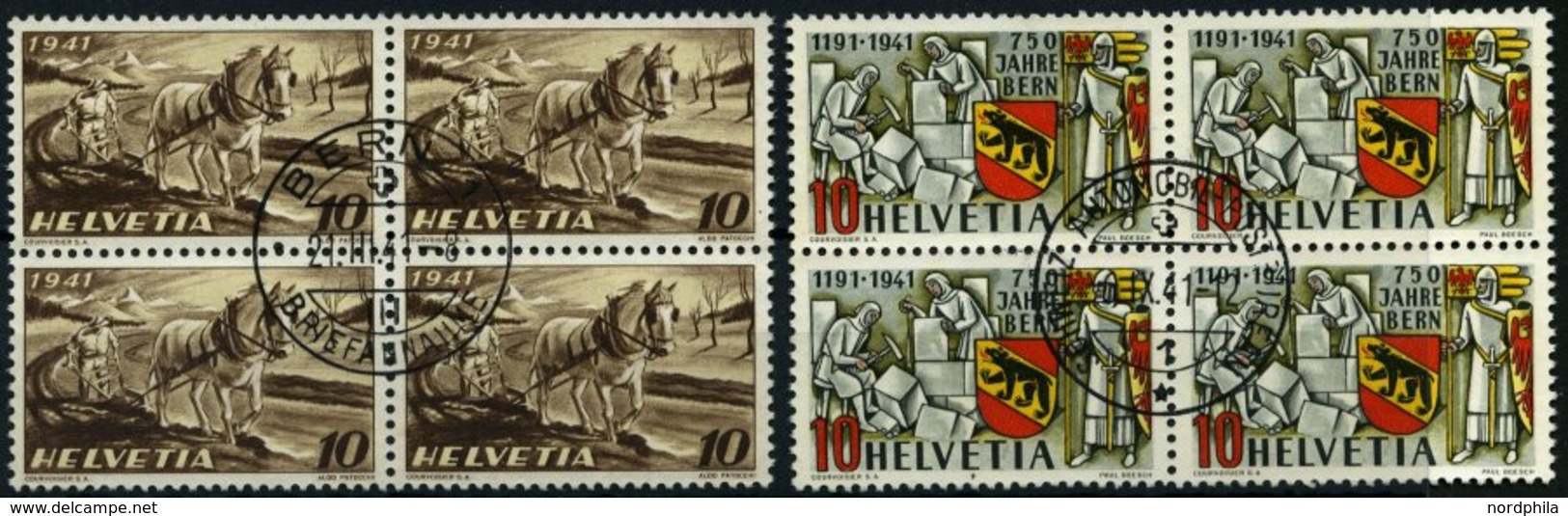 SCHWEIZ BUNDESPOST 386,398 VB O, 1941, Nationales Anbauwerk Und 750 Jahre Bern, Je Im Viererblock Mit Zentrischem Erstta - Otros & Sin Clasificación