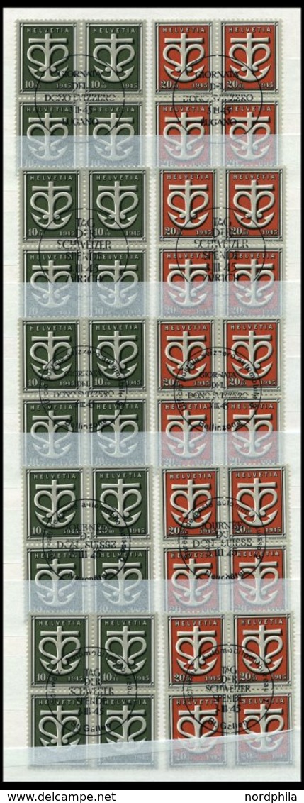 SCHWEIZ BUNDESPOST 443/4 VB O, 1945, Kriegsgeschädigte In Viererblocks Mit Zentrischen Sonderstempeln TAG DER SCHWEIZER  - Other & Unclassified