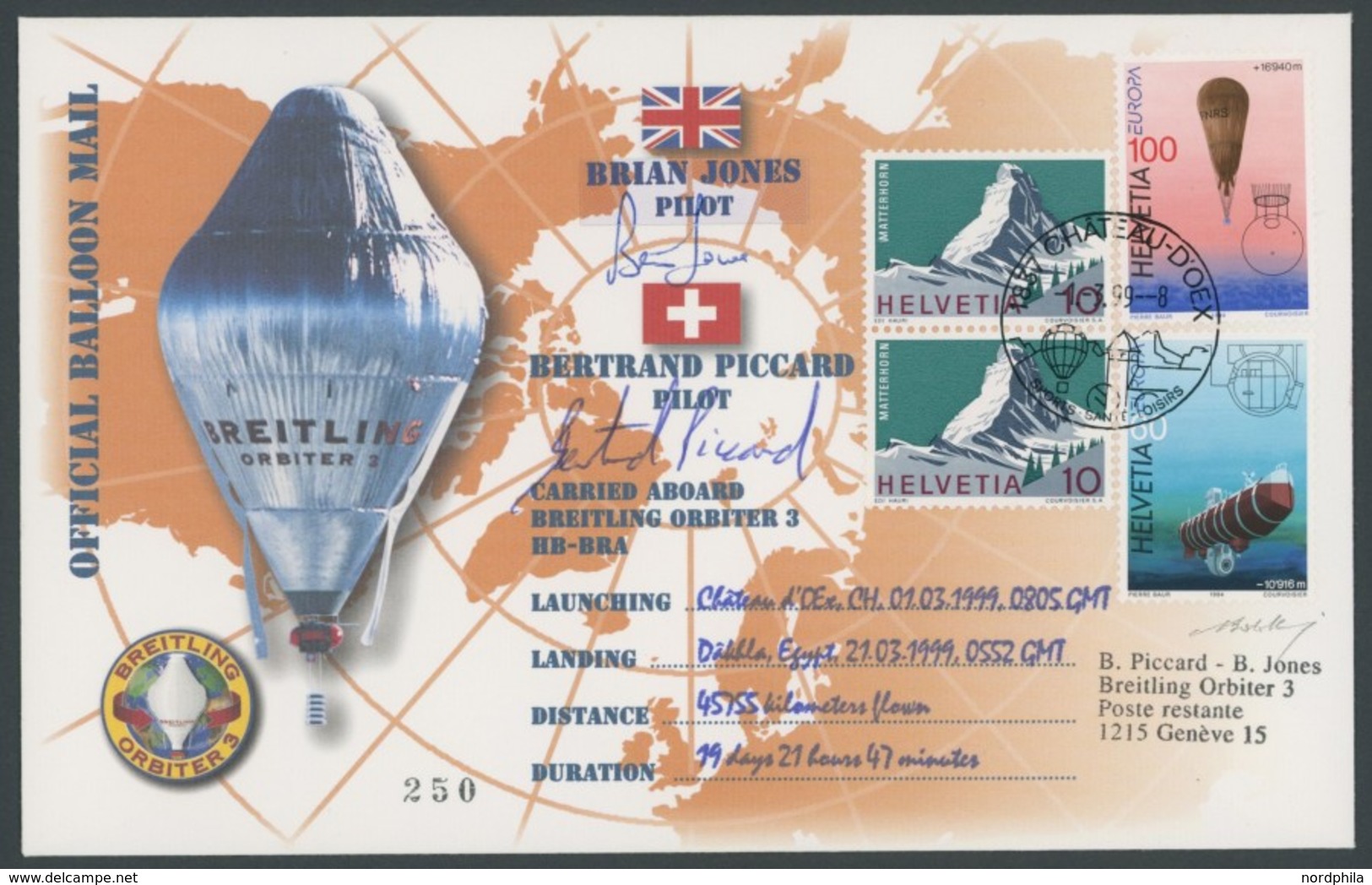 LUFTPOST 1999, Orbiter 3 - Weltrund Ballon Rekordflug, 45755 Km In 19 Tagen, Offizielle Ballon Mail Mit Unterschriften D - First Flight Covers
