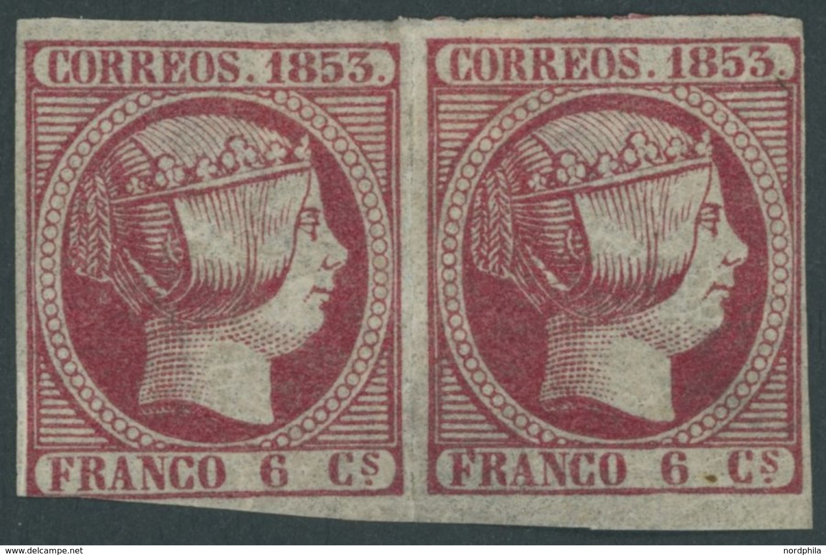 SPANIEN 17a Paar *, 1853, 6 Cs. Karminrosa Im Waagerechten Paar (langer Vortrennschnitt Zwischen Den Marken) Links Unten - Usados