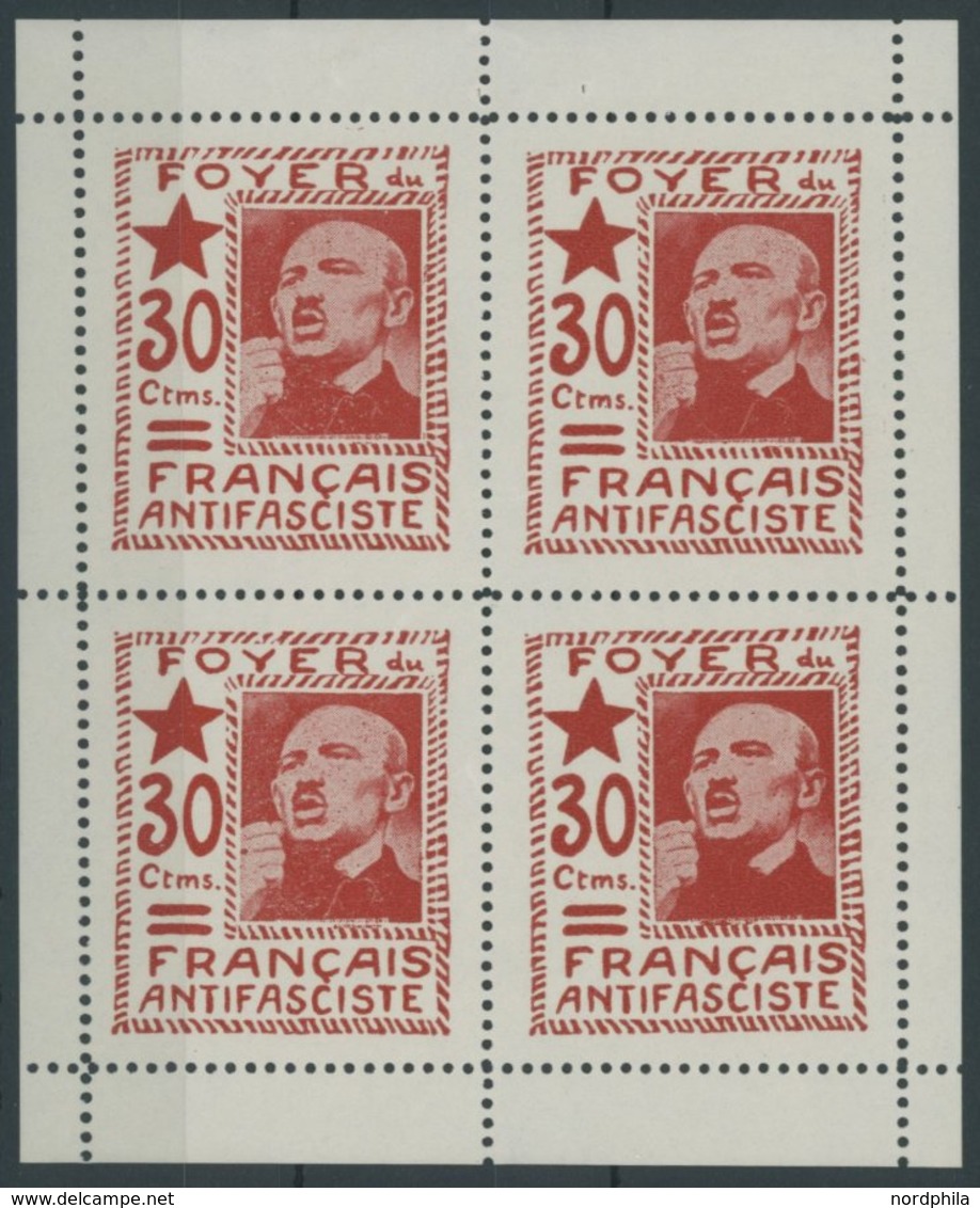 LOKALAUSGABEN VB **, 1937, 30 C. Rot Foyer Du Français Antifascite Im Postfrischen Kleinbogen (4), Pracht - Otros & Sin Clasificación