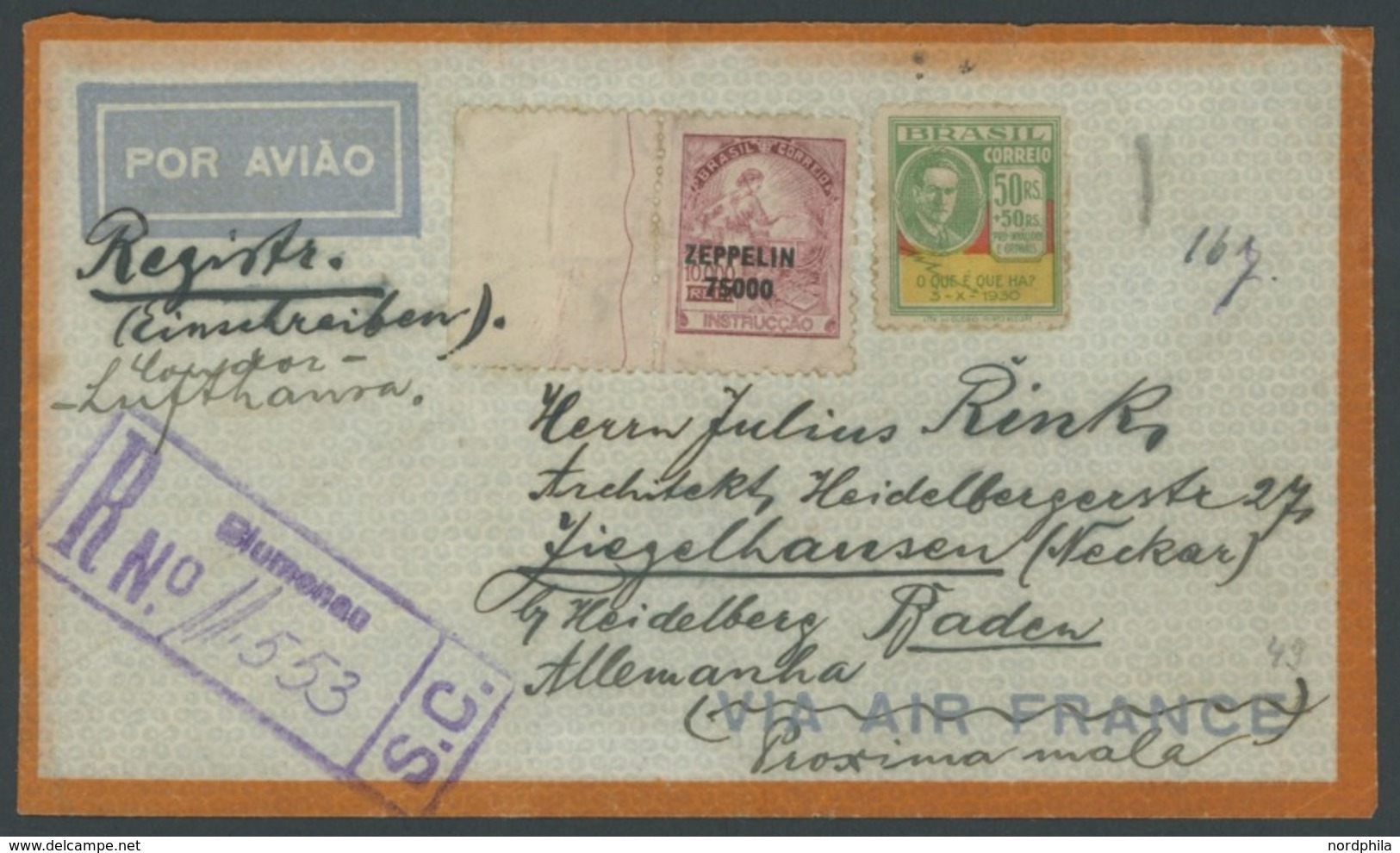 BRASILIEN 1935, Condor Lufthansa Flugpost Mit Reco-Stempel BLUMENAU Nach Ziegelhausen/Necker, Zeppelinmarke Nicht Entwer - Airmail