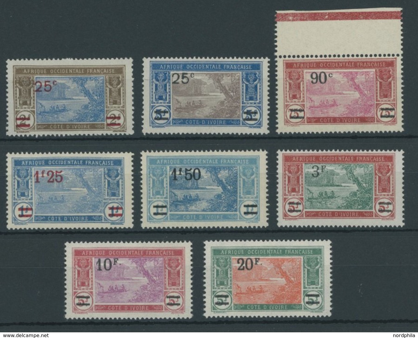 ELFENBEINKÜSTE 75-82 **, 1924/7, Boot In Der Ebrié-Lagune, Mit Aufdruck, Postfrischer Prachtsatz - Unused Stamps