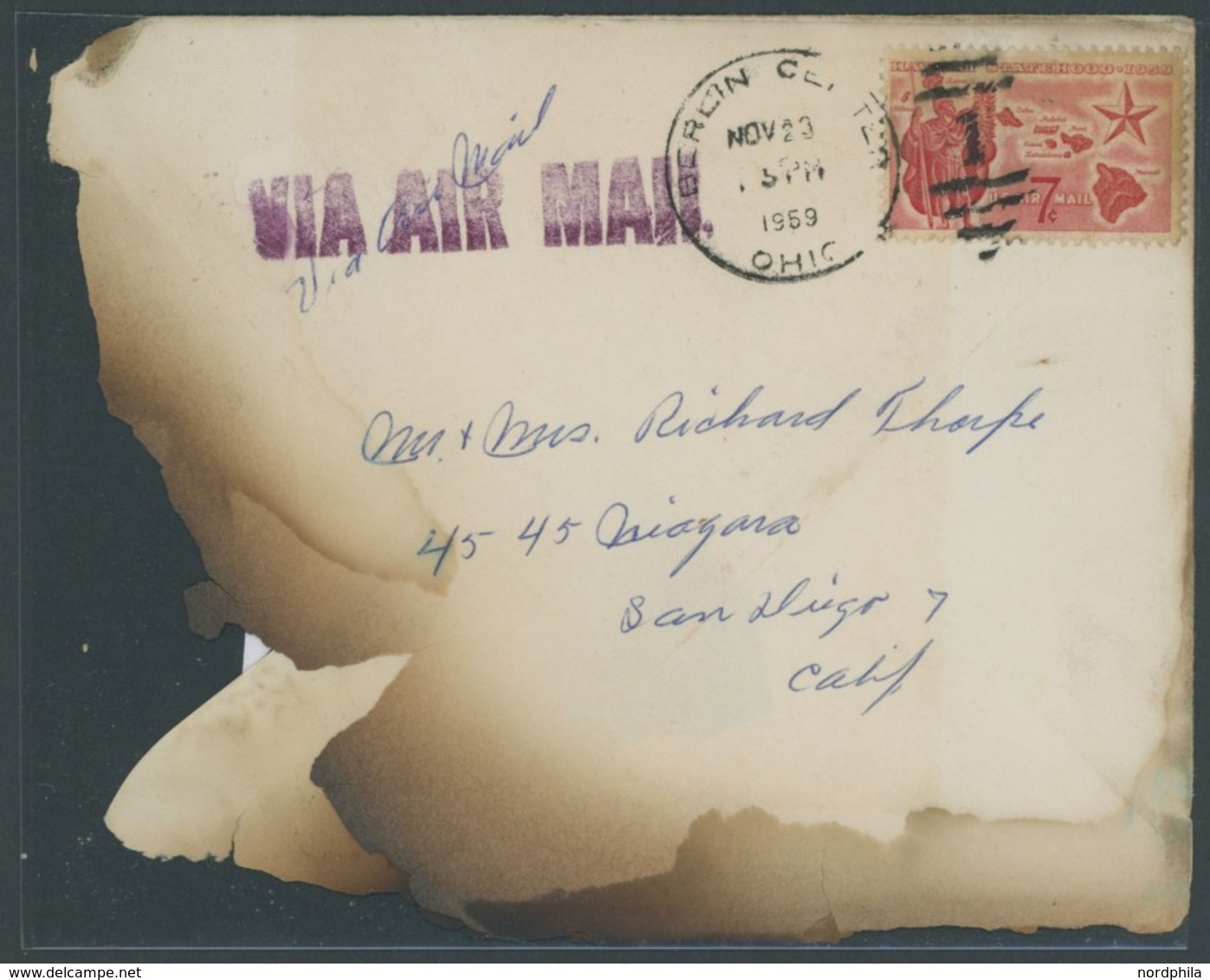 HAWAII 1959, Rückseitiger Aufkleber CHICAGO POST OFFICE ENCLOSURE RECOVERED FROM PLANE WRECK 11-24-59 Auf Angebräuntem T - Hawai