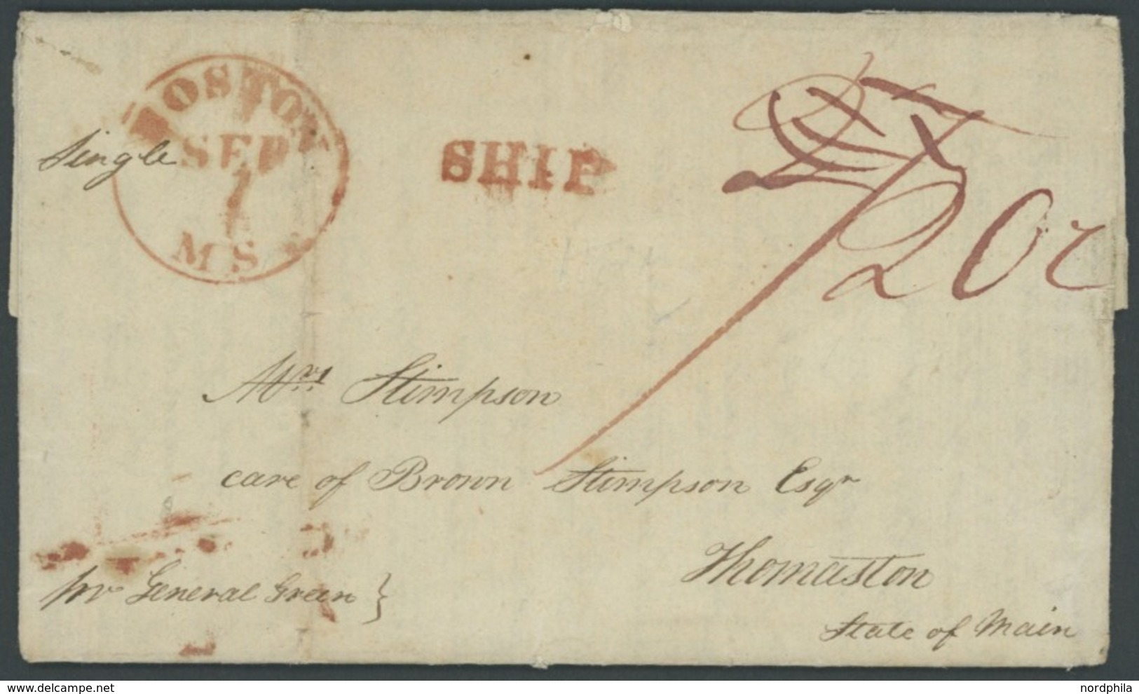 KANADA 1821, Nova Scotia/Halifax: Schiffs-Briefaufgabe General Green, Taxiert Mit 20 C. Und Rotem L1 SHIP über BOSTON M. - Neufs