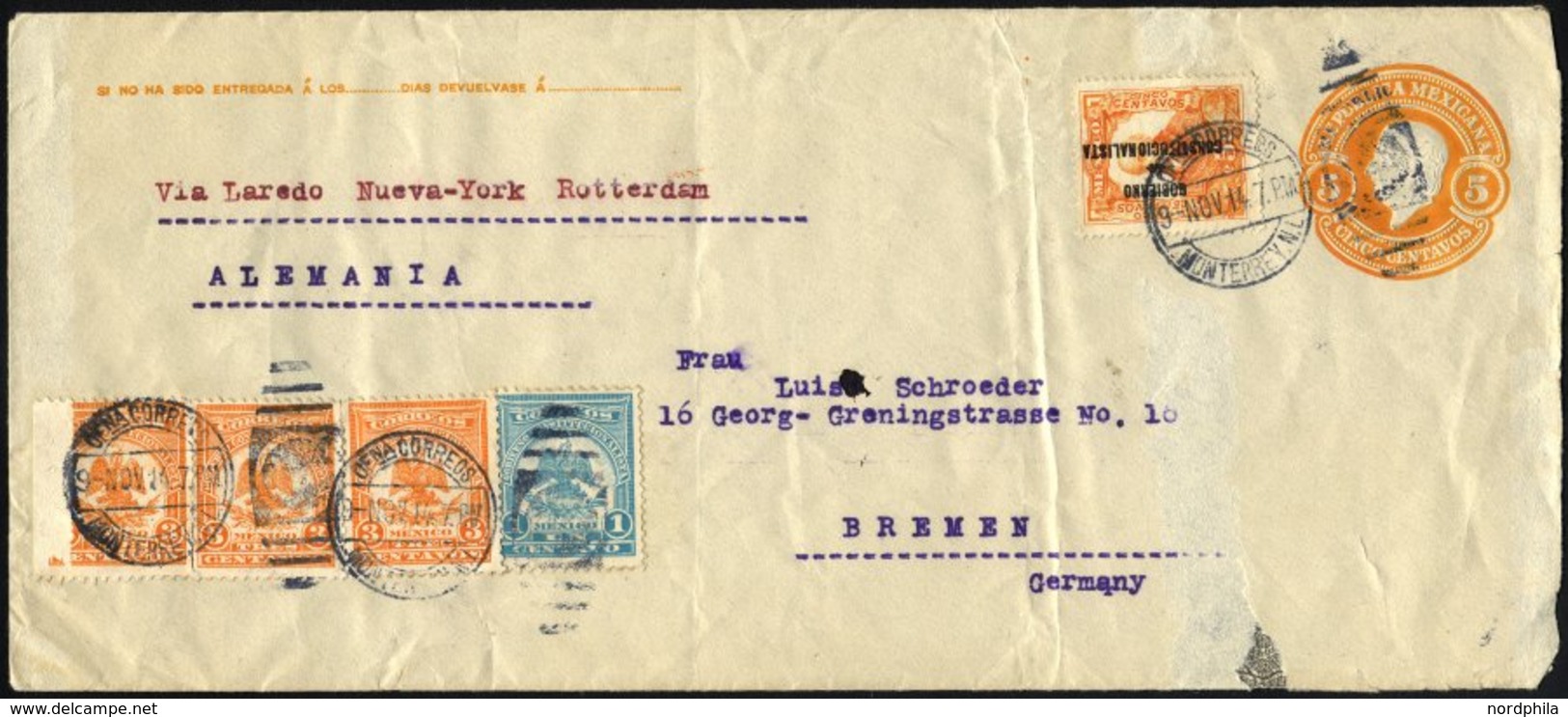 MEXIKO U.a.339 BRIEF, 1914, 5 C. Orange Ganzsachenumschlag Mit Revolutions-Zusatzfrankatur Mit 5 C. Orange Aufdruck GOBI - México