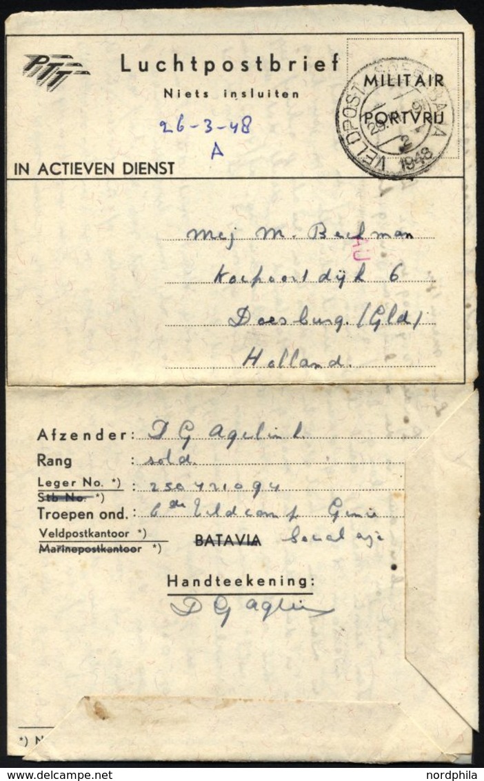 NIEDERLÄNDISCH-INDIEN 1948, K2 VELDPOST 7 DEC.DIV./1948 Auf Luft-Feldpost-Faltbrief Mit Eingedruckter Portofreiheit Von  - Niederländisch-Indien