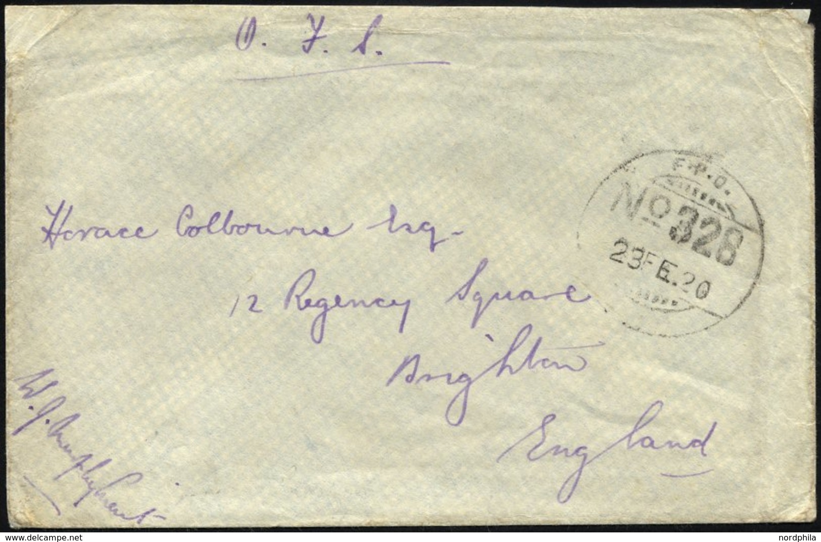 PALÄSTINA 1920, Feldpoststempel F.P.O./No. 328 Auf Feldpostbrief Der Britisch-indischen Truppen Aus Haifa, Feinst - Palestina