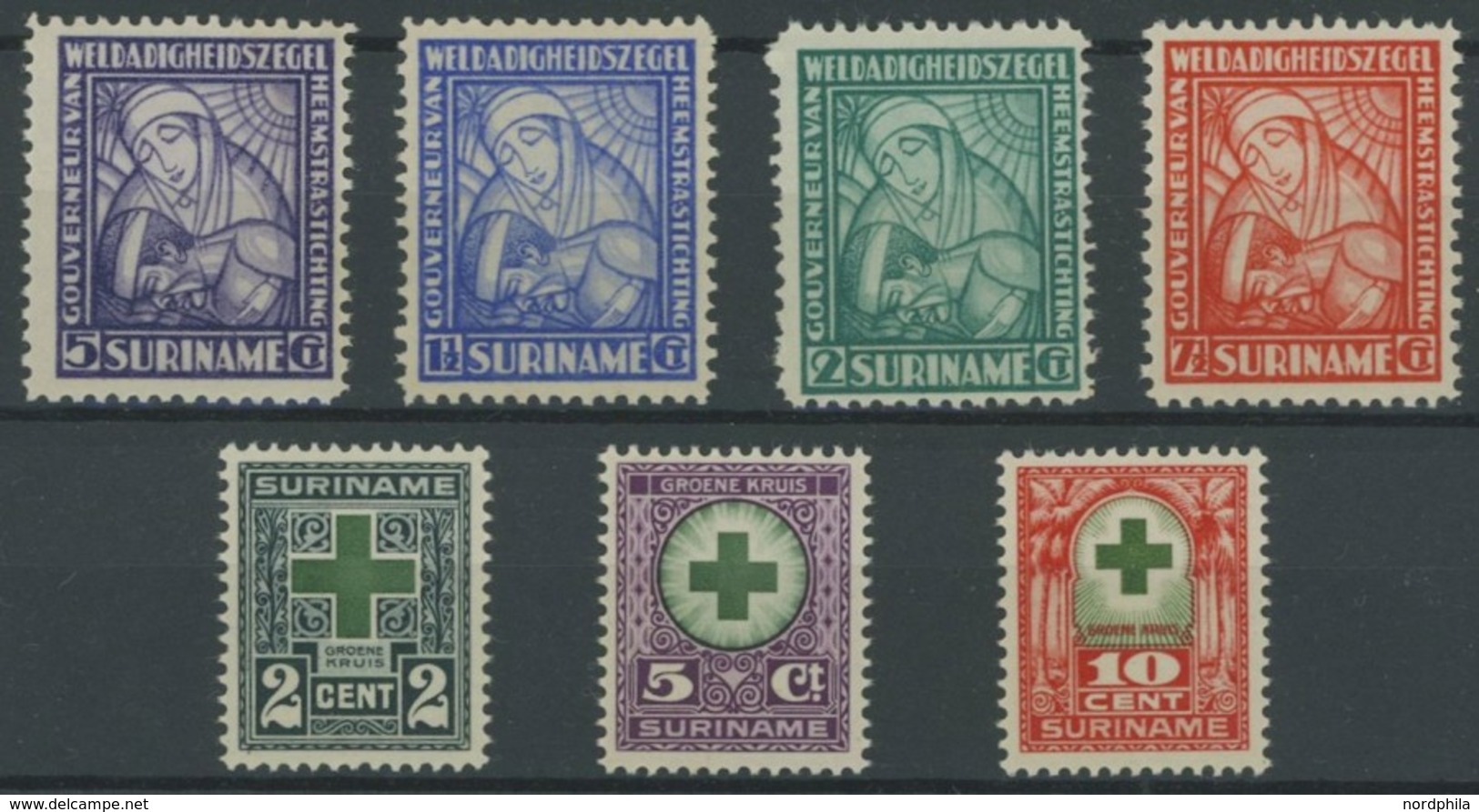 SURINAM 133-35,143-46 **, 1927/8, Grünes Kreuz Und Van Heemstra-Stiftung, 2 Postfrische Prachtsätze - Suriname