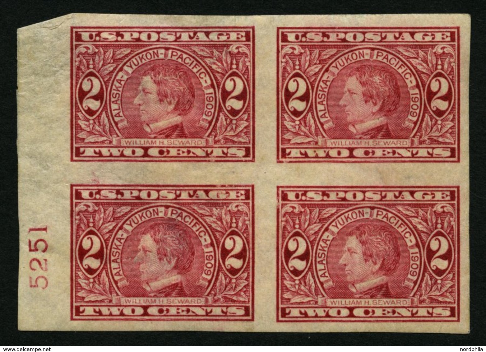 USA 176B VB *,** , Scott 371, 1909, 2 C. Alaska-Yukon-Pacific-Ausstellung, Ungezähnt, Im Viererblock Mit Plattennummer,  - Used Stamps