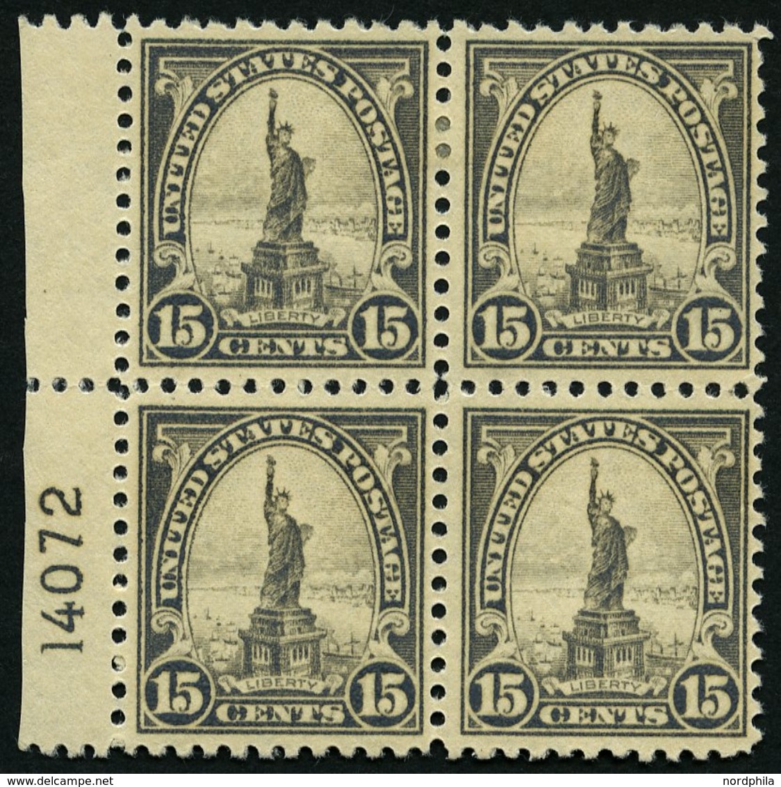 USA 277 VB **,* , Scott 566, 1922, 15 C. Freiheitsstatue Im Plattenviererblock, Die Beiden Unteren Werte Postfrisch, Pra - Usados
