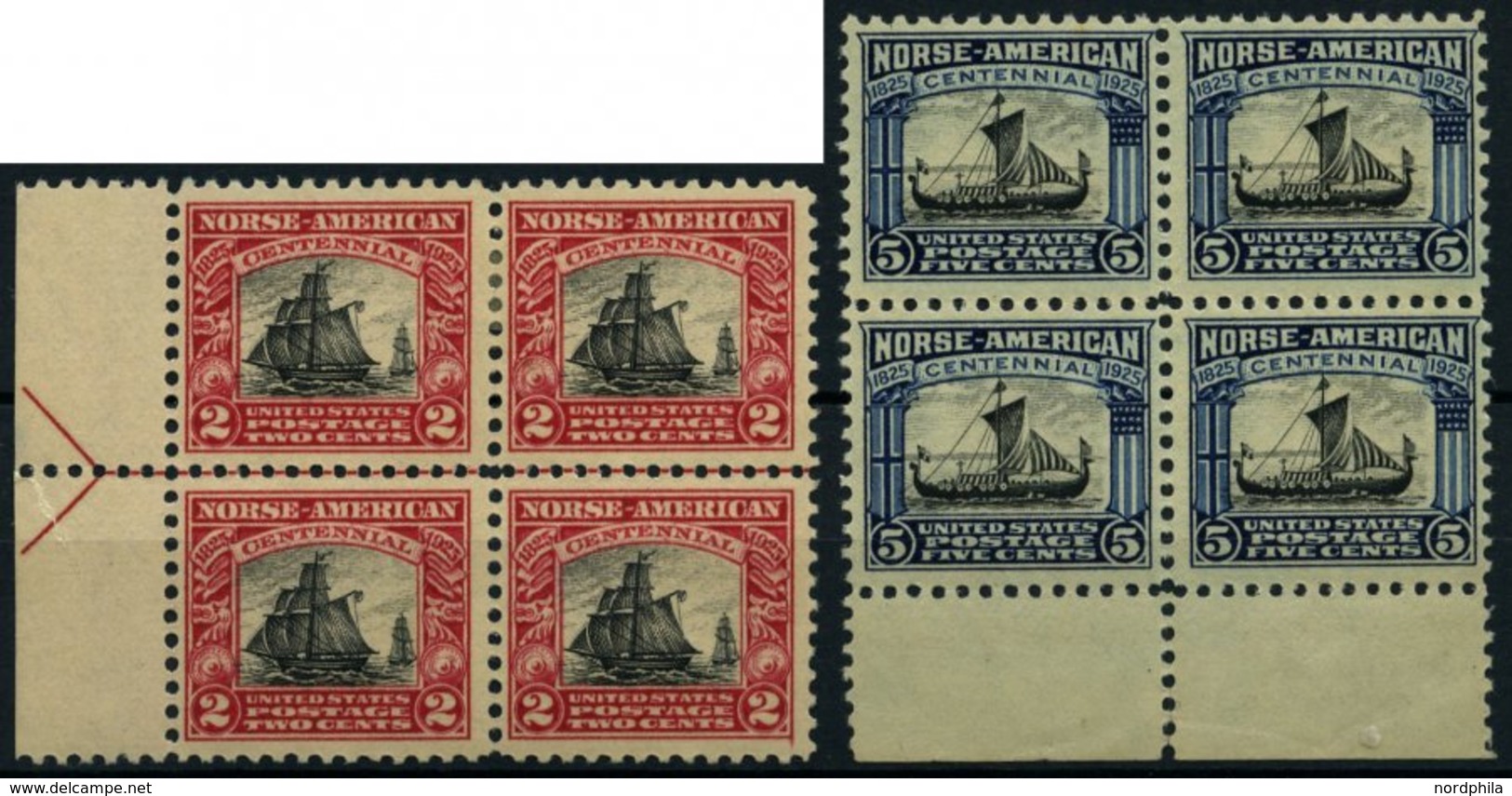 USA 298/9 VB **,* , Scott 620/1, 1925, Einwanderer, 2 C. Randblock Mit Pfeil, Die Beiden Oberen 2 C. Marken Mit Falzrest - Used Stamps