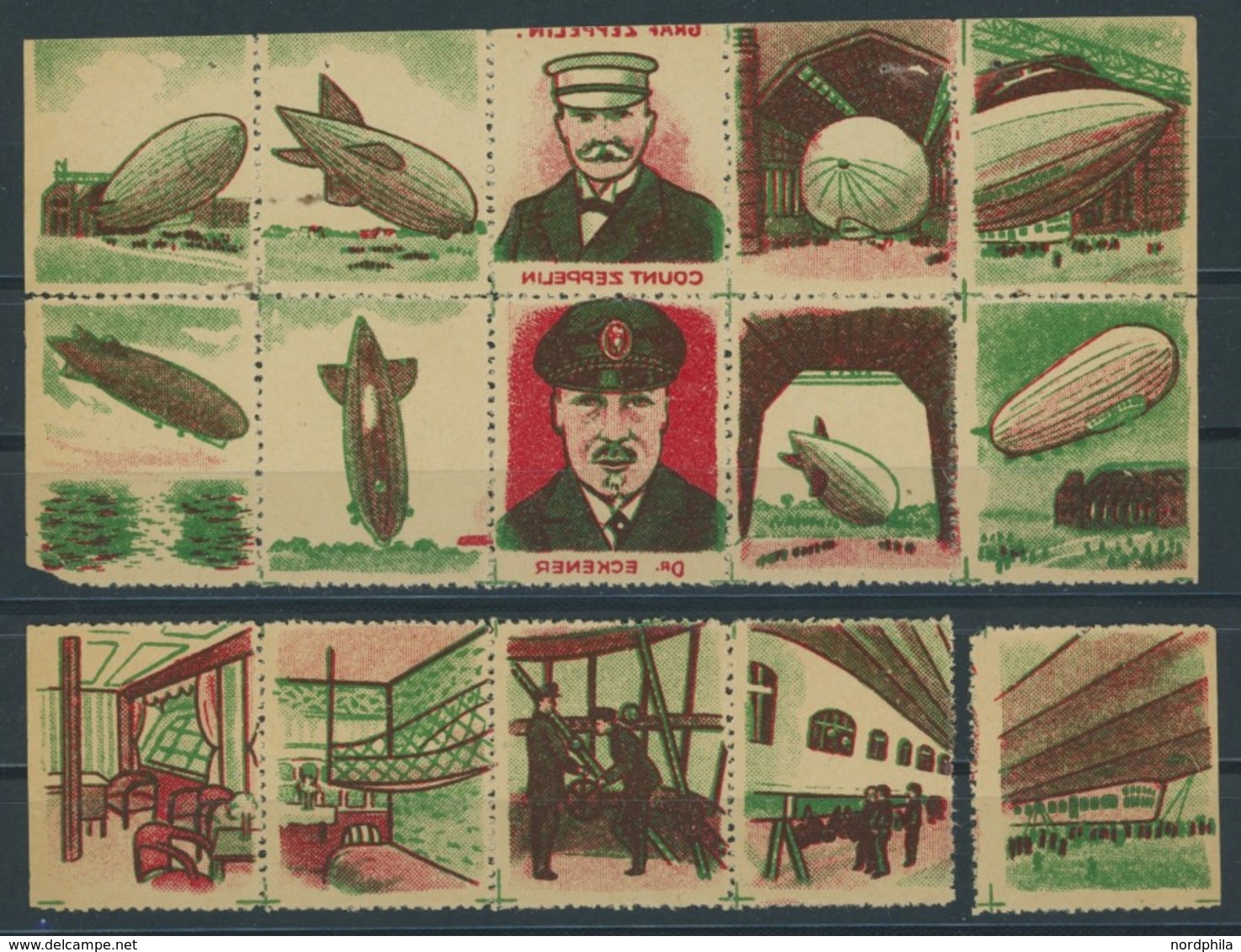 USA (*), 1928/30, 14 Verschiedene Farbige Zeppelin-Abziehbilder In Briefmarkenform, Meist Zusammendrucke, Ohne Gummi, Fe - Used Stamps