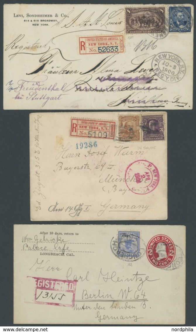 USA 1900/12, 3 Verschiedene Einschreibbriefe Mit Interessanten Frankaturen Nach Deutschland, U.a. Mit Mi.Nr. 121 Und 188 - Usados