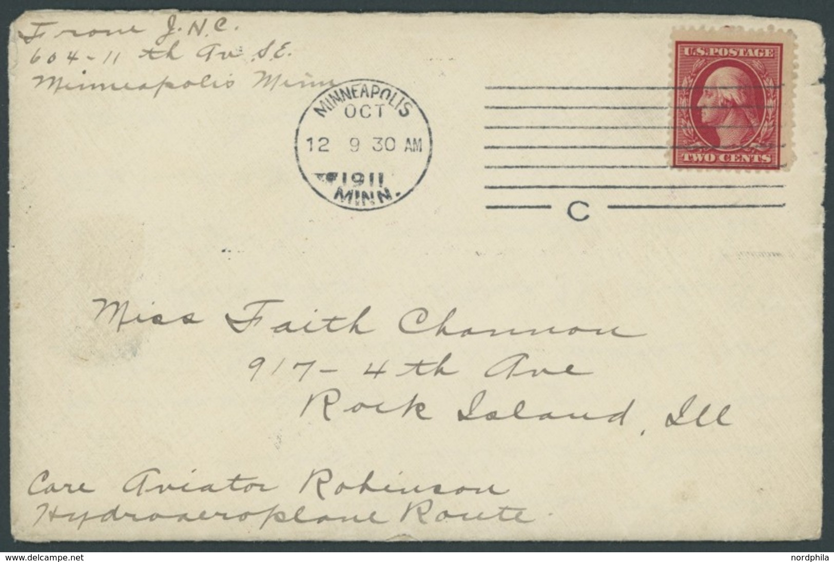 US-FLUGPOST 12.10.1911, Mississippi River Flight, Von Flugpionier Hugh Robinson Befördert, Pracht, R!, Nur 12 Belege Bef - Andere & Zonder Classificatie