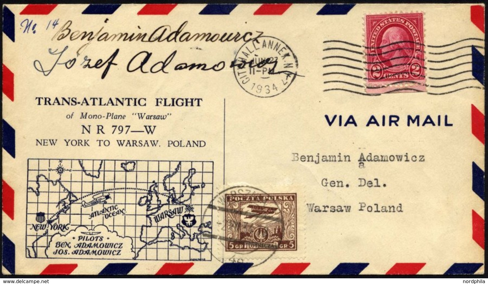 US-FLUGPOST 27.6.1934, Transatlantikflug NEW YORK-WARSCHAU (Adamowicz-Flug) Mit Autogrammen Der Flieger, US-polnische Fr - Autres & Non Classés