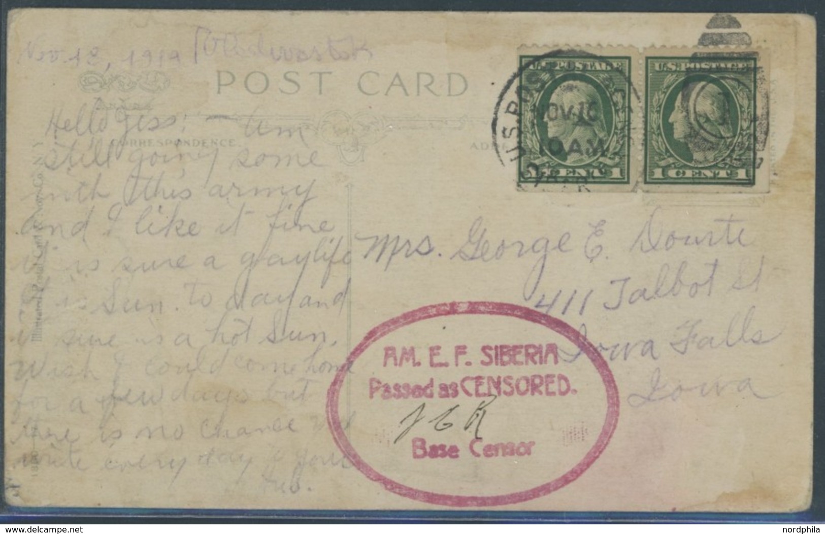 FELDPOST 1919, Militärbildpostkarte Des Von Präsident Wilson Nach Wladiwostok Entsandten 7950 Mann Starken US-Expedition - Cartas & Documentos