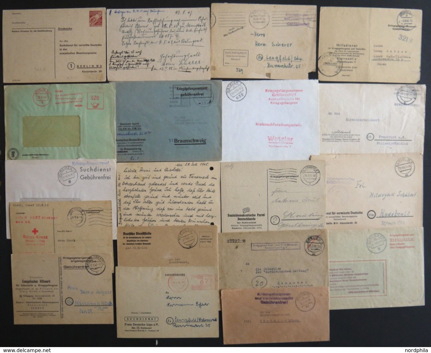 SLG., LOTS DEUTSCHLAND 1945-72, Deutscher Kriegsgefangenen-Suchdienst: 19 Verschiedene Belege Von Verschiedenen Hilfsorg - Colecciones