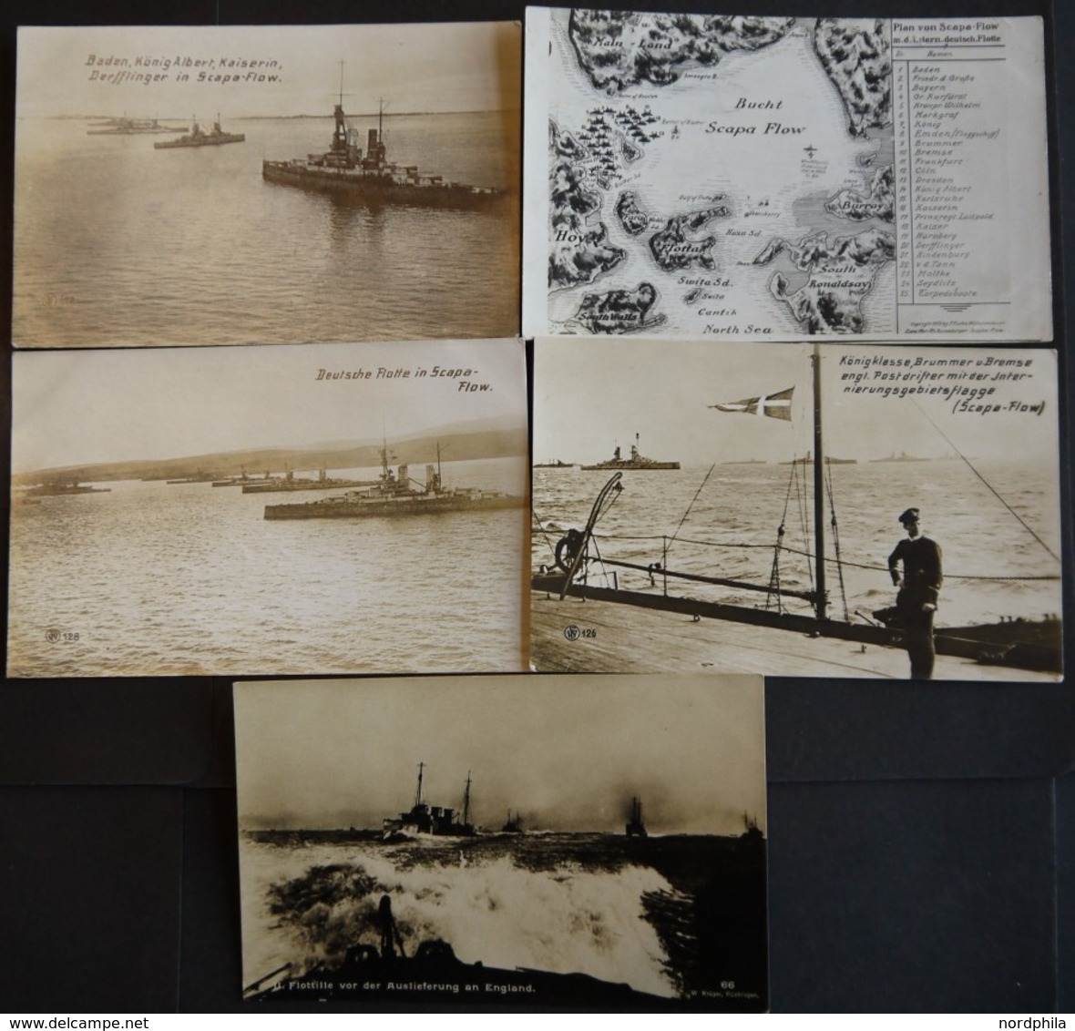 ALTE POSTKARTEN - SCHIFFE KAISERL. MARINE Deutsche Flotte In Scapa Flow, 4 Verschiedene Fotokarten, Dabei Ein Plan Der B - Guerra