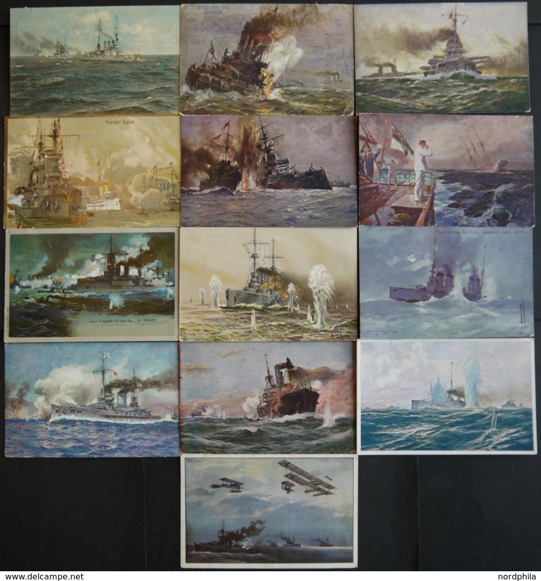 ALTE POSTKARTEN - SCHIFFE KAISERL. MARINE 1914-18, Seeschlachten, 13 Verschiedene Farbige Künstlerkarten - Warships