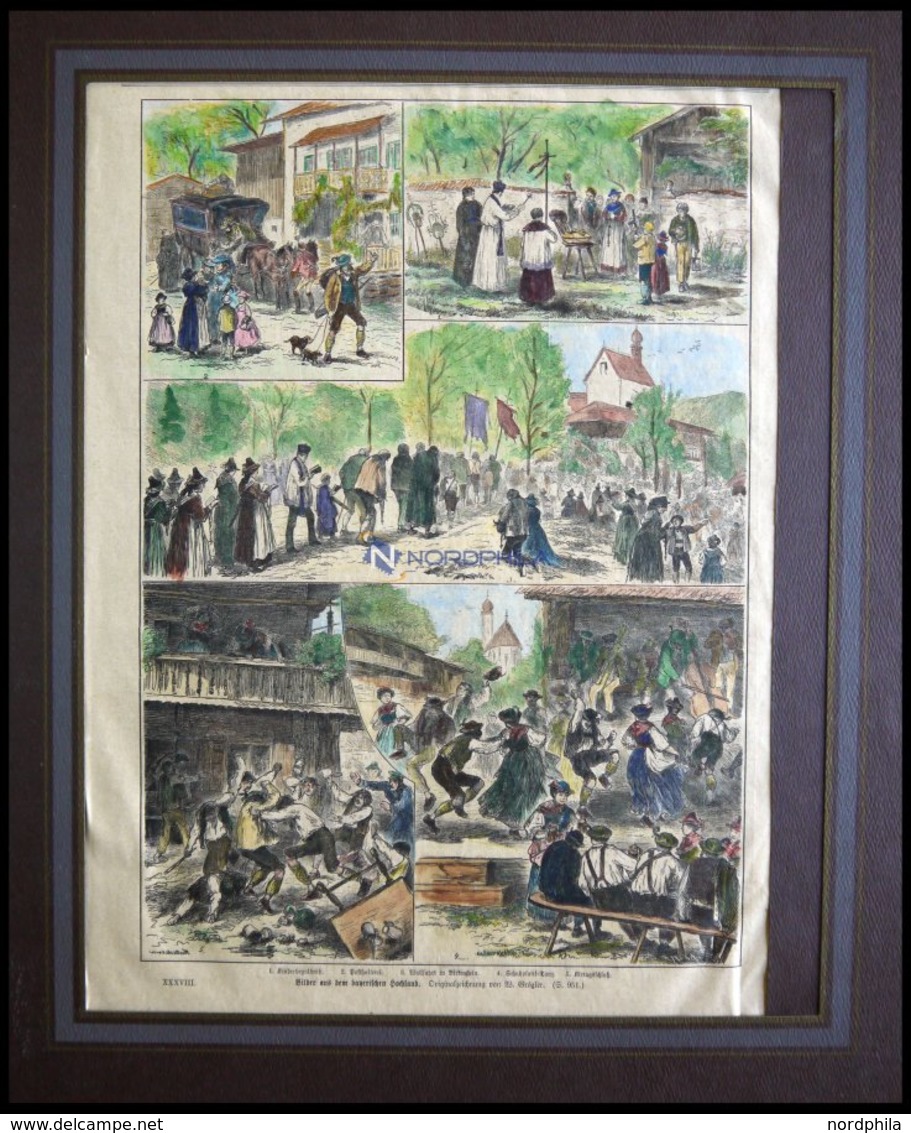 BAYERISCHES HOCHLAND, 5 Ansichten Auf Einem Blatt, Kolorierter Holzstich Nach Grögler Um 1880 - Litografía