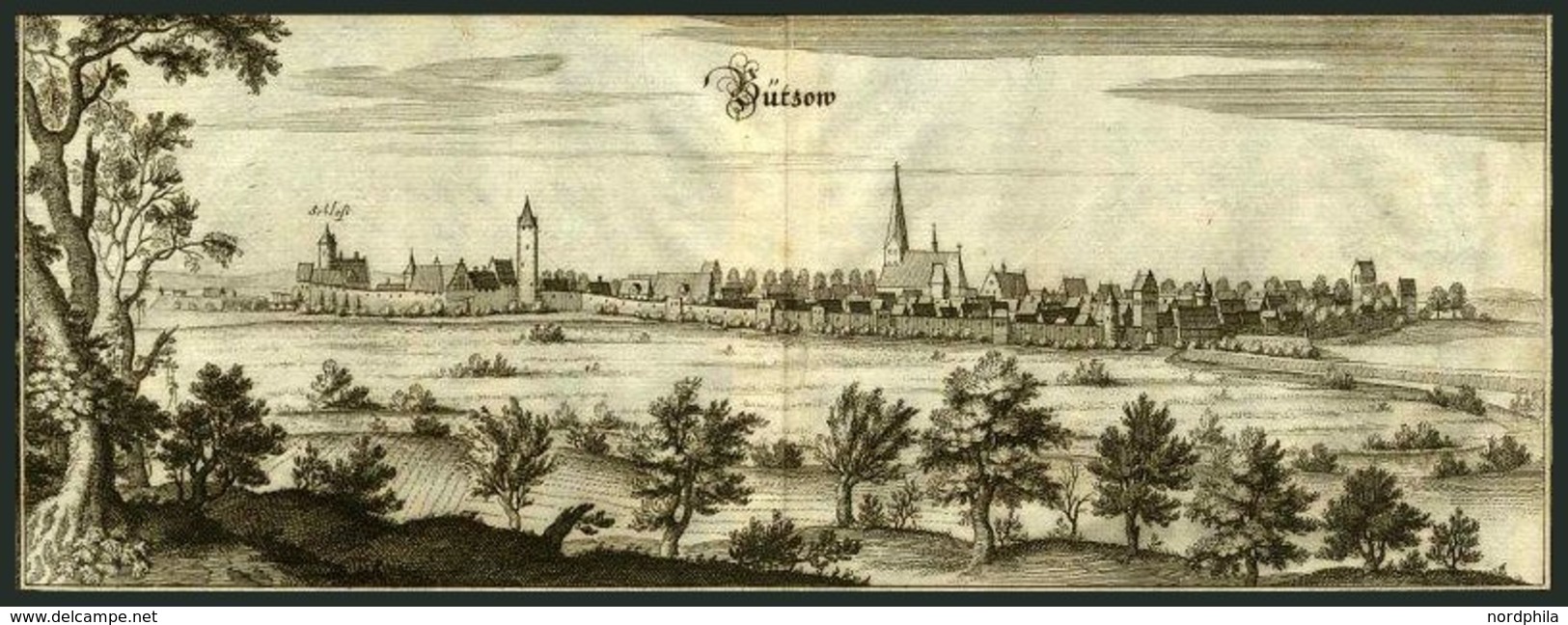 BUTZOW, Gesamtansicht, Kupferstich Von Merian Um 1645 - Lithographien